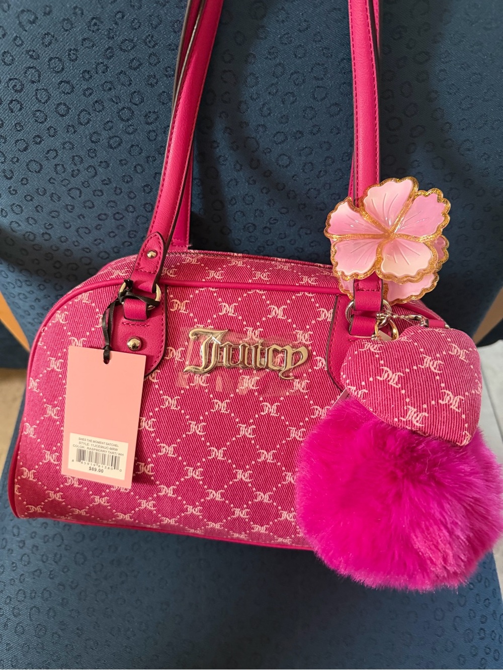 Juicy Couture Hot Pink Logo Dome Satchel with Pom and Flower Charm